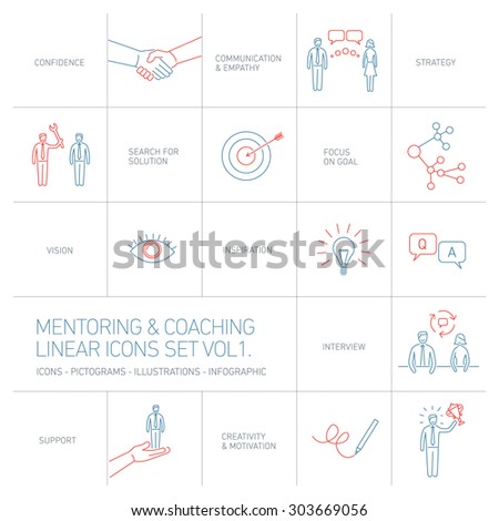 vector abstract mentoring and coaching linear icons and pictograms set of skills and solutions blues and red islated on white background