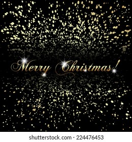 Vector abstract Merry Christmas or New Year gold on black background with snowflakes, bokeh, stars and particles