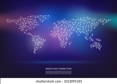 vector abstract mesh, world map connection on futuristic background.