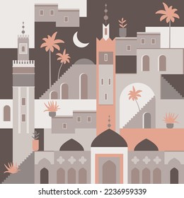 Vector abstract Middle Eastern town flat illustration. Seamless architecture pattern. Morocco inspired digital paper with mosque, tower, house, plants, palm trees. Ramadhan travel geometric pattern
