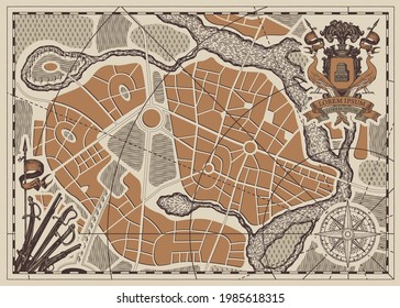 Vector abstract military map with ornate ancient coat of arms, compass sign, wind rose, old swords and sabers. Hand-drawn map of the area on an old paper background in retro style