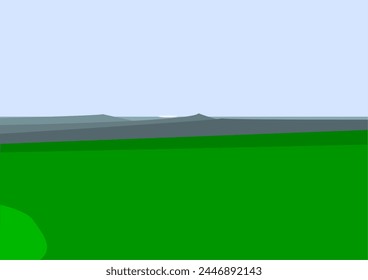Vektorgrafik abstrakte Minimallandschaften. 3 Berge aus der Ferne. hellblauer Skihintergrund. Eine Wolke in der Ferne. Baum vor der linken Ecke ein bisschen gesehen. Grünes Gras wird in der Ferne dunkler. 
