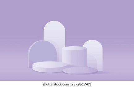 Vector abstract minimal purple 3d room with realistic purple and white cylinder pedestal podium.