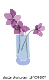 Vector abstract minimalist art work, hand drawn contemporary boho style, glass vase with flowers, transparent shapes in lilac, blue colors, white background