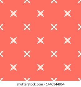 Vector abstract minimalist floral seamless pattern. Simple coral and white geometric background with small flowers, crosses. Subtle minimal ornament texture. Cute colorful repeated decorative design 