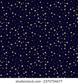 Vector abstract minimalist geometric seamless pattern with small random size diamonds, rhombuses, squares, dots. Black and gold abstract background. Simple minimal golden texture. Repeat geo design