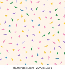 Vector abstract minimalist geometric texture with small colorful triangles, pink, blue, lilac, yellow, green. Funky modern seamless pattern. Simple cute minimal background. Repeat decorative design