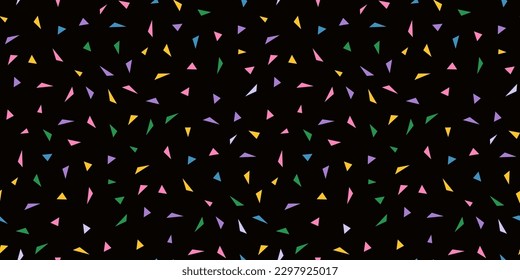 Vector abstracto de textura geométrica minimalista con pequeños triángulos coloridos, confetti sobre fondo negro. Funky patrón moderno sin costuras. Sencillo y lindo fondo mínimo. Repetir el diseño para la decoración, envolver