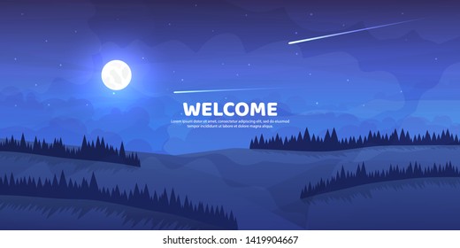 Vector abstract minimalist landscape. Forest and mountains at night. Moonlight