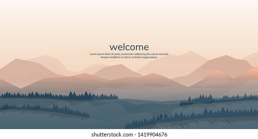 Vector abstract minimalist landscape. Forest and mountains. 