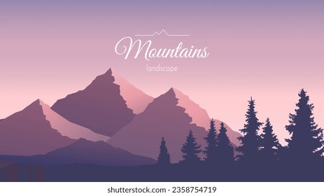 Vector abstract minimalist landscape. The mountain tops are illuminated by the setting sun. Silhouettes of coniferous trees in the foreground. The concept of tourism, discovery, observing nature.