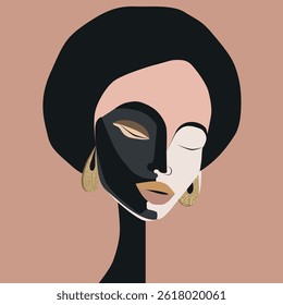 Vector abstract minimalistic portrait of African American woman in flat style with gold elements. Boho gold poster. For social media design, wallpaper, background. Pastel, calm colors