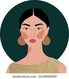 Vector abstract minimalistic portrait of Asian woman in flat style with gold elements. Boho gold backgrounds. For social media design, wallpaper, poster. Pastel, calm colors
