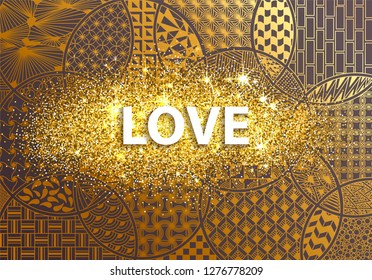 Vector abstract modern golden background love heart wallpaper Happy Valentine's Day zentangl pattern shapes geometric composition corporate identity style design business template printed material