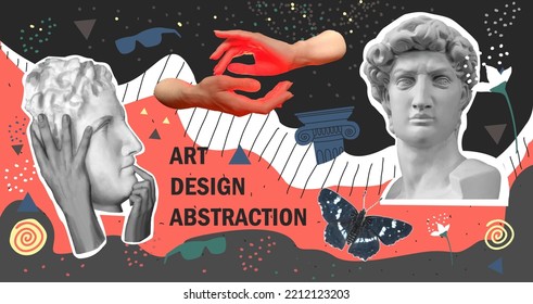 Vector abstract modern illustration. Antique heads. Banner with Greek bust. Modern design elements. template design