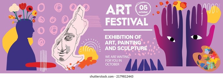 Vector abstract modern illustrations for creative festivals and art events. Art objects for exhibition of classical and contemporary painting, sculpture and music. Drawings for poster or banner