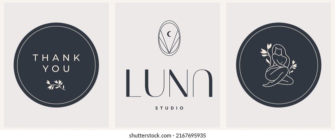 Vector abstract modern logo design templates with moon and girl silhouette in flowers in trendy linear style. For jewelry for exclusive services and products, beauty and spa industry