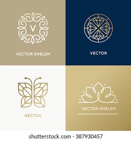 Vector Abstract Modern Logo Design Templates In Trendy Linear Style In Golden Colors - Luxury And Jewelry Concepts For Exclusive Services And Products, Beauty And Spa Industry