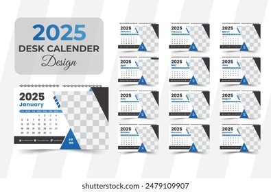 Vector abstract modern new year 2025 desk calendar design template.2025 Desk Calendar Template Design,. Twelve page Desk calendar design for 2025. Desk calendar