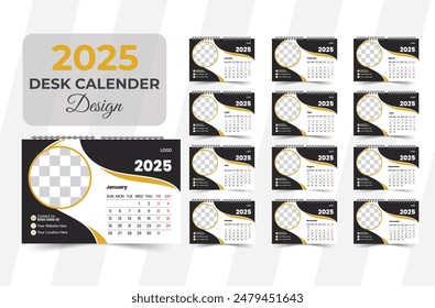 Vector abstract modern new year 2025 desk calendar design template.2025 Desk Calendar Template Design,. Twelve page Desk calendar design for 2025. Desk calendar