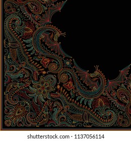 Vector abstract modern quarter scarf with humorous dragon print on a black background. Paisley pattern from dark colorful hand drawn flowers, fern leaves and fantasy beast animals,ornate cute dinosaur