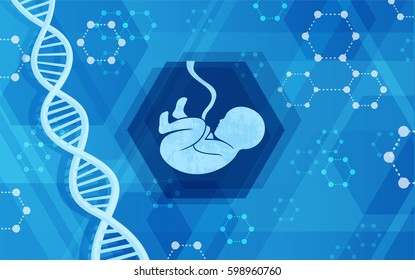 Vector Abstract Molecular Background For Genetics, Microbiology And Biochemistry Theme. Fetus And DNA. Flat Design