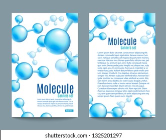 Vector abstract molecule banners set. Blue atoms molecular object for medical, chemical laboratories, biotechnologies and pharmaceutical related background design.
