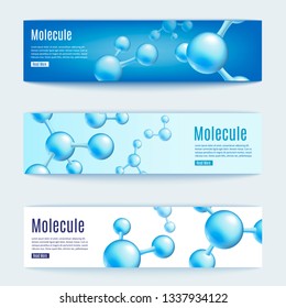 Vector abstract molecule banners set. Blue atoms molecular object for medical, chemical laboratories, biotechnologies and pharmaceutical related background design.