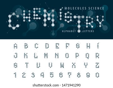 Vector of abstract molecule cell Alphabet Letters and numbers, Geometric Font Futuristic Chemical, Letters set for Atom Molecule Cell chemistry, science, connect, social, biology, physics