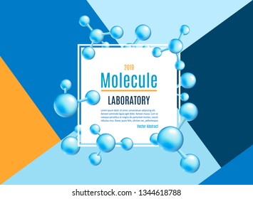 Vector abstract molecule poster. Blue atoms molecular object for medical, chemical laboratories, biotechnologies and pharmaceutical related background design.