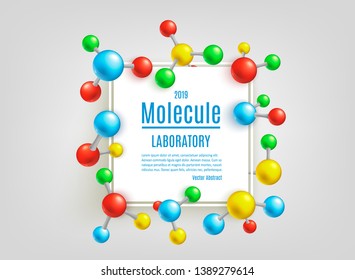 Vector abstract molecule poster. Colorful atoms molecular object for medical, chemical laboratories, biotechnologies and pharmaceutical related background design.