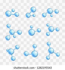 Vector abstract molecule set on transparent background. Blue atoms molecular objects for medical, chemical, biotechnologies and pharmaceutical related design.