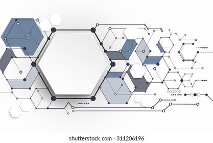 Vector Abstract molecules with 3D paper polygon on light gray background. Communication-social media technology concept. 3D paper label with space for your content, business, network and web design