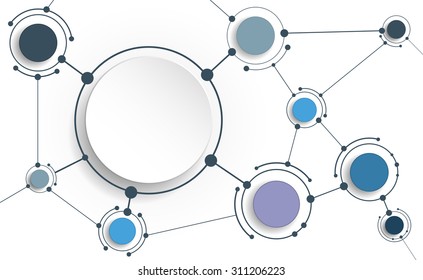 Vector Abstract molecules with 3D paper on light gray background. Communication-social media technology concept. 3D paper circle label with space for your content, business, network and web design