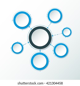 Vector abstract molecules, 3D paper label, integrated circles. Blank space for content, business, infographic template, diagram, network, web design. Light gray color background. Social media 
