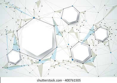 Vector Abstract molecules with Hexagon paper and Polygonal on light gray color background. Blank space for your content, business, network, web design. Communication social media technology concept