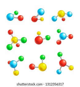 Vector abstract molecules set. Colorful blue yellow red green atoms molecular object for medical, chemical, biotechnologies and pharmaceutical related design.