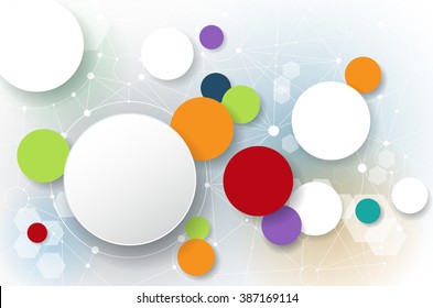 Vector abstract molecules and social media communication technology concept with 3D paper label- integrated circles and space for your content, business, infographic template, network and web design