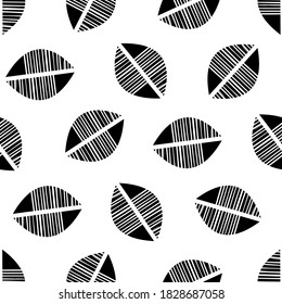 Vector abstract mono print style tribal foliage seamless pattern background. Simple lino cut effect halves of offset textured leaves.Black and white repeat backdrop. Scattered spacious all over print.