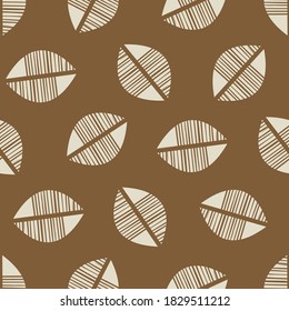 Vector abstract mono print style stylized foliage seamless pattern background. Simple lino cut effect halves of offset textured leaves on caramel brown backdrop. Scattered spacious all over print.