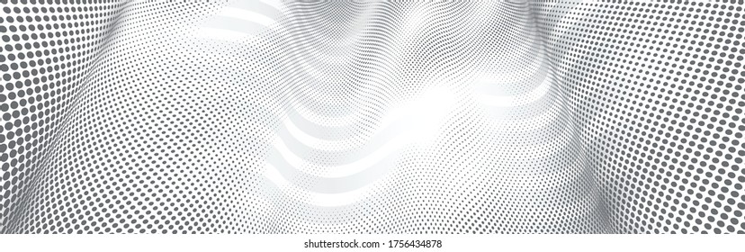 Vector abstracto monocromo textura de puntos y fondo de líneas con perspectiva dimensional, tecnología y tema científico, flujo de datos grandes, diseño geométrico 3D.