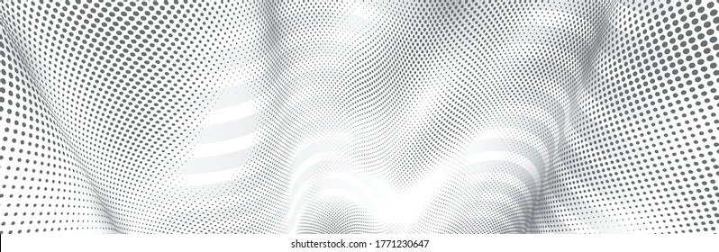 Vector abstract monochrome dotted texture and lines background with dimensional perspective, technology and science theme, big data flow, geometric 3D design.