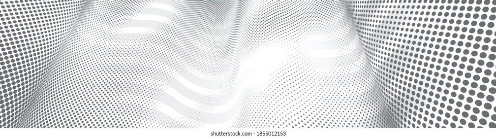 Vector abstract monochrome dotted texture and lines background with dimensional perspective, technology and science theme, big data flow, geometric 3D design.