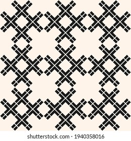 Patrón uniforme geométrico monocromático abstracto vectorial. Textura de estilo folk étnico. Elegante fondo ornamental vintage con formas cruzadas, cuadrícula. Ornamento blanco y negro. Diseño decorativo repetido