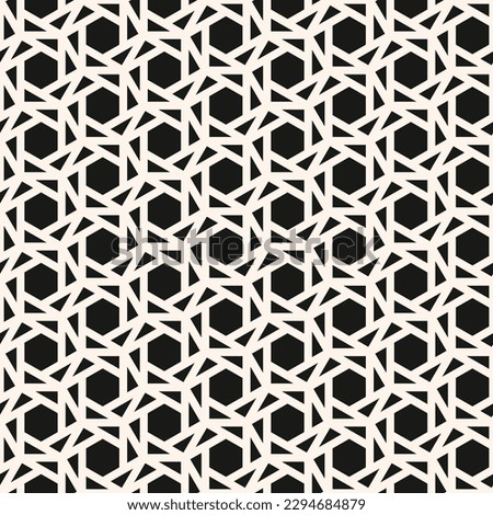 Vector abstract monochrome geometric seamless pattern. Stylish texture with hexagons, triangles, grid, lattice. Black and white minimal ornament. Modern background. Repeat geo design for decor, print