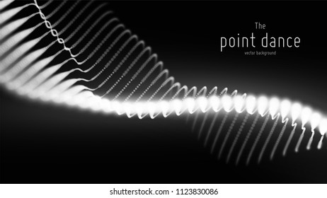 Vector abstract monochrome particle wave, points array, shallow depth of field. Futuristic illustration. Technology digital splash, data points explosion. Point dance waveform. Cyber UI, HUD element