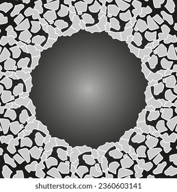 Vector abstract monochrome pattern in the form of white geometric shapes arranged in a circle on a gray background
