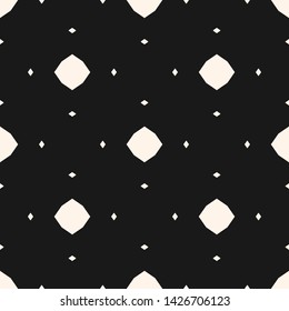 Vector abstract monochrome seamless pattern. Simple ornamental background. Black and white geometric texture with small diamonds, octagons, rhombuses, dots. Dark minimalist repeated decorative design