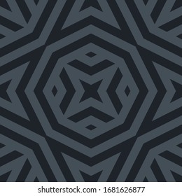 Vector abstract monochrome seamless pattern with geometric shapes, stripes, lines, stars, octagons. Simple texture in dark gray and black. Stylish modern background. Repeat design for decor, textile