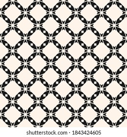 Vector abstract monochrome seamless pattern with carved grid, lattice, crosses, diamond shapes, squares, floral silhouettes. Black and white geometric texture. Elegant background. Repeatable design